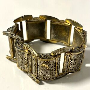Vintage gold tone bracelet black & silver tone enamel rolling wide links Artdeco